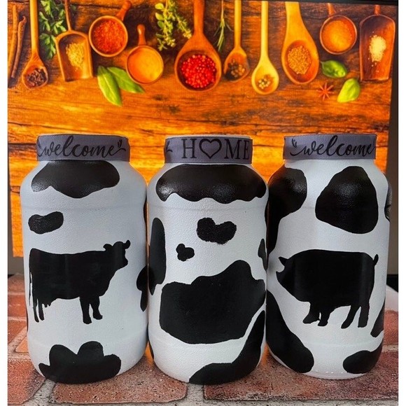 Hand painting  farmhouse Set of 3 glass jars painted with farm animals - Picture 5 of 10